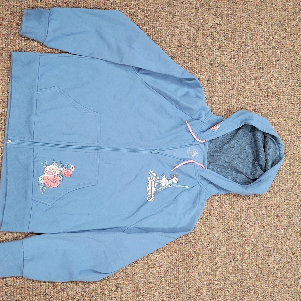 Disney Light Blue Girls' Hooded Zip Sweatshirt with Floral & Character Prints